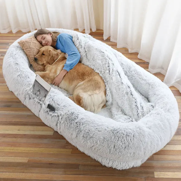 Oversized Human Dog Bed with Faux Fur, Pillow & Blanket – Washable Orthopedic Lounger